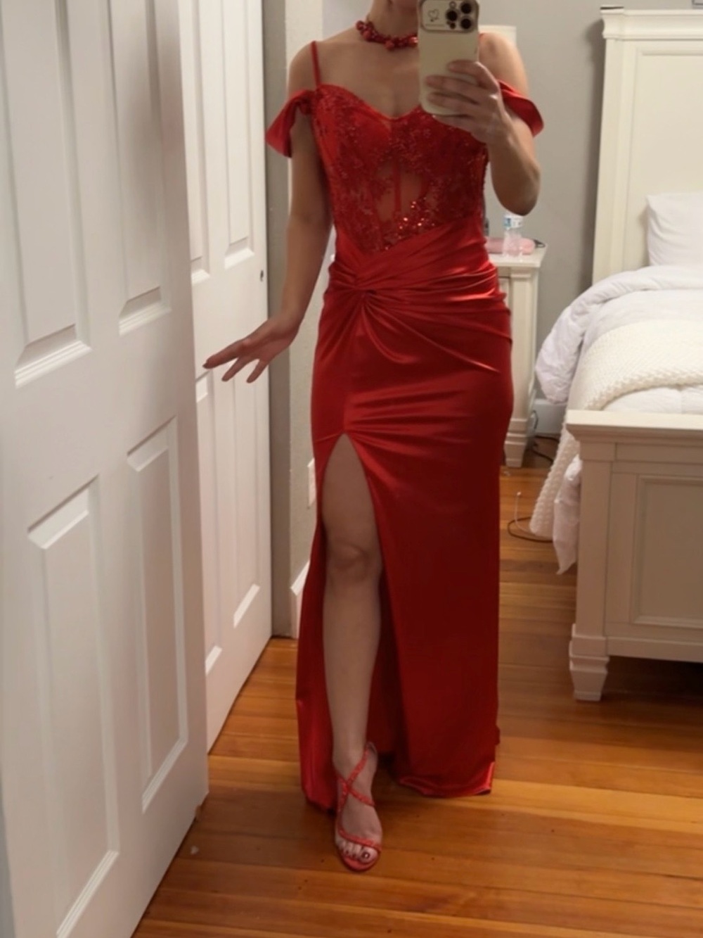 Elegant Red Lace & Satin Evening Gown with Front Slit